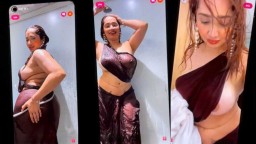 Aditi Mistry Full Nude Red Saree Bath With Hand Shower
